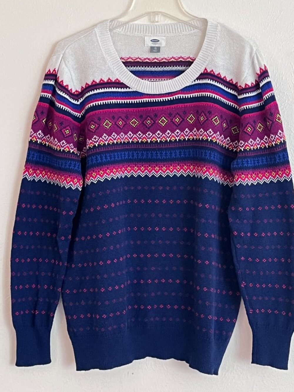 Old Navy Blue Pink Jacquard Fairisle Crewneck Sweater Women's XL Cabincore